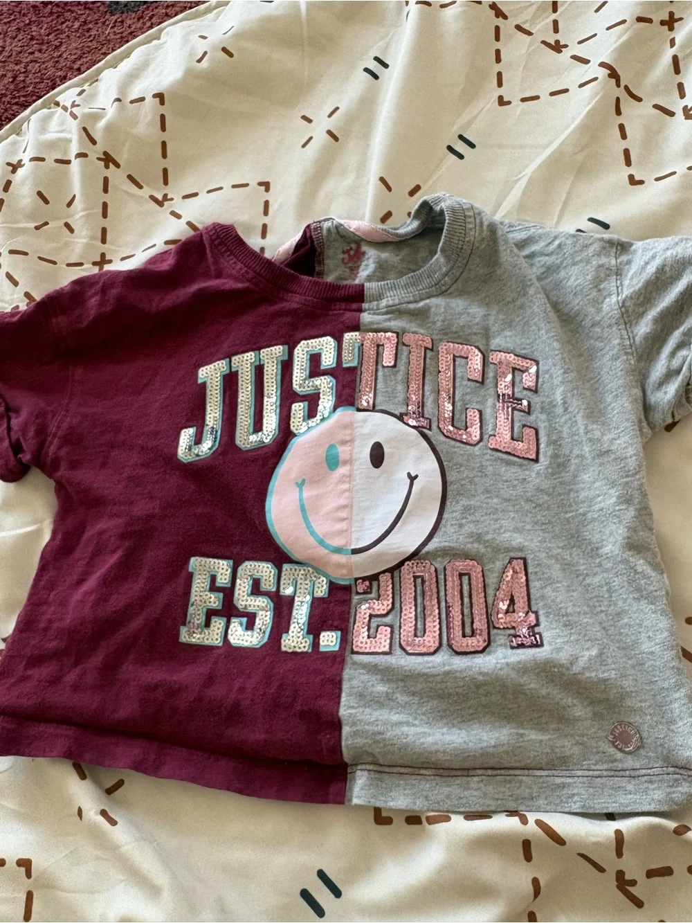 Justice Split Maroon & Gray Sequin Smile Tee